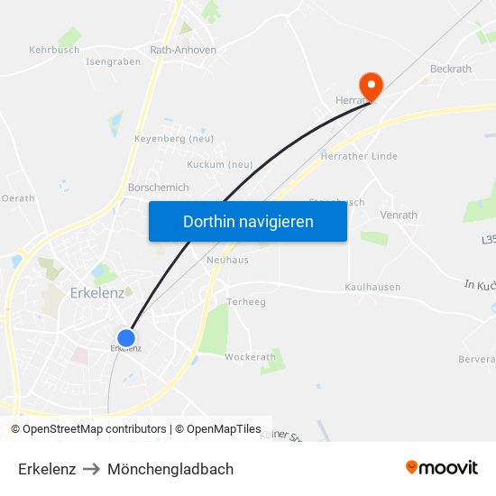 Erkelenz to Mönchengladbach map