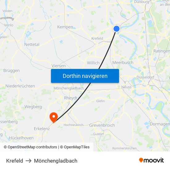 Krefeld to Mönchengladbach map