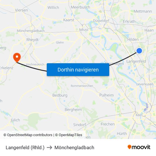 Langenfeld (Rhld.) to Mönchengladbach map