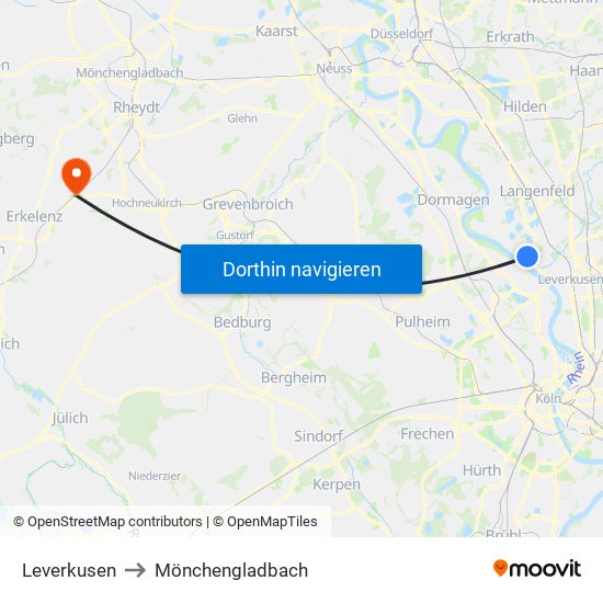Leverkusen to Mönchengladbach map