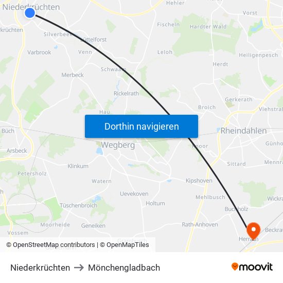 Niederkrüchten to Mönchengladbach map