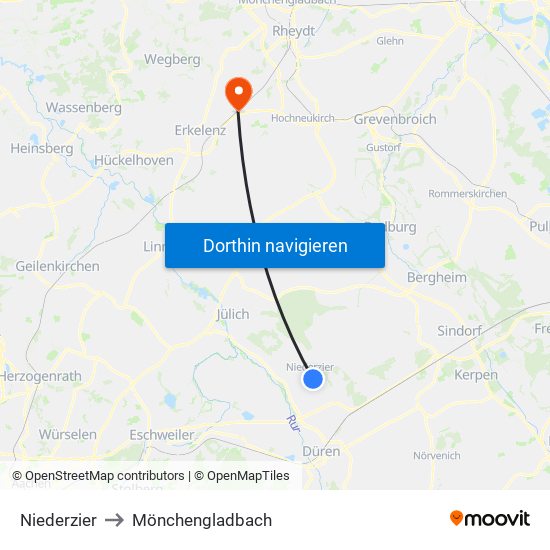 Niederzier to Mönchengladbach map