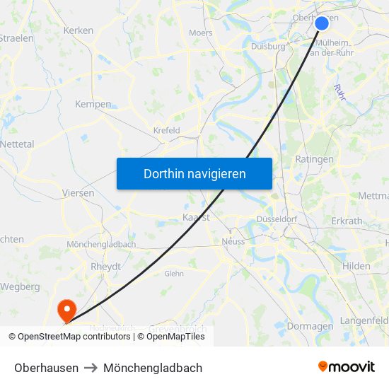 Oberhausen to Mönchengladbach map