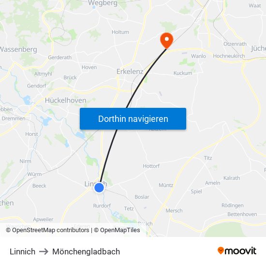 Linnich to Mönchengladbach map