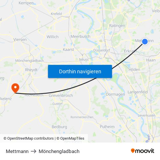 Mettmann to Mönchengladbach map