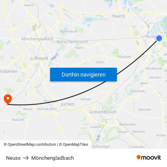 Neuss to Mönchengladbach map