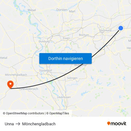 Unna to Mönchengladbach map
