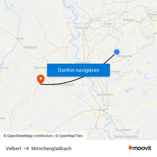Velbert to Mönchengladbach map