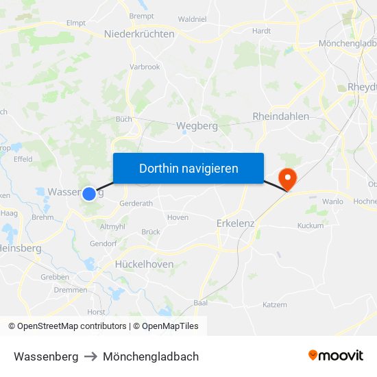 Wassenberg to Mönchengladbach map