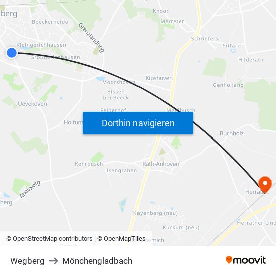 Wegberg to Mönchengladbach map