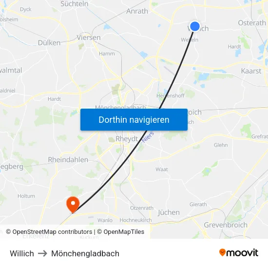 Willich to Mönchengladbach map