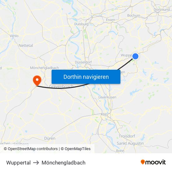 Wuppertal to Mönchengladbach map