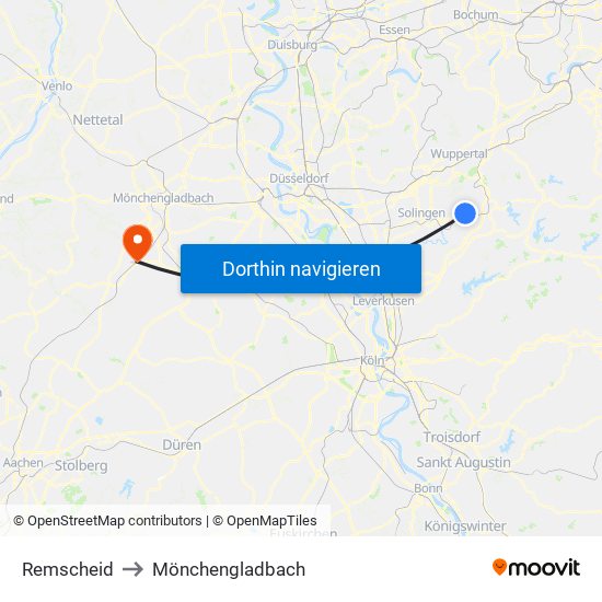 Remscheid to Mönchengladbach map