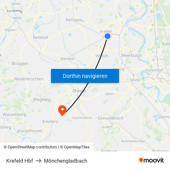 Krefeld Hbf to Mönchengladbach map