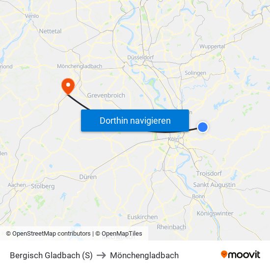 Bergisch Gladbach (S) to Mönchengladbach map