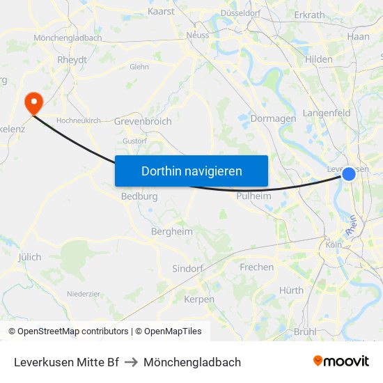 Leverkusen Mitte Bf to Mönchengladbach map