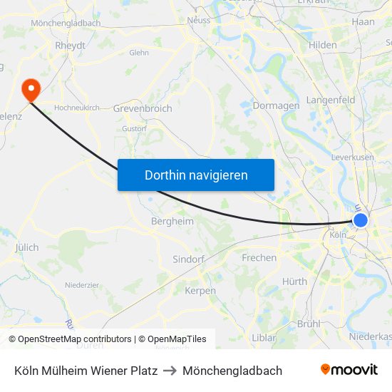 Köln Mülheim Wiener Platz to Mönchengladbach map