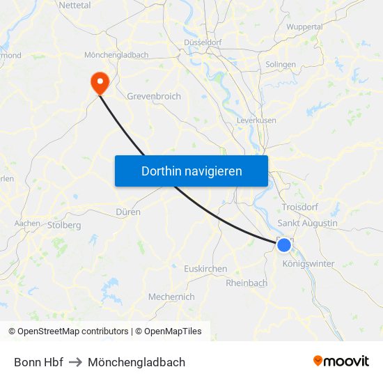 Bonn Hbf to Mönchengladbach map