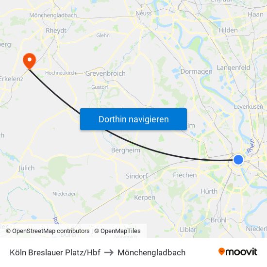 Köln Breslauer Platz/Hbf to Mönchengladbach map