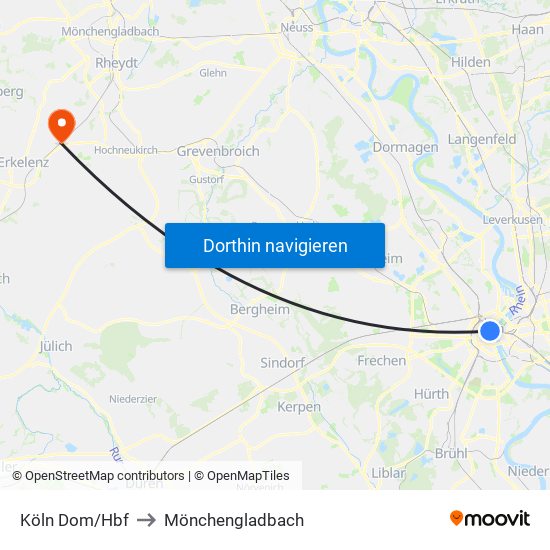 Köln Dom/Hbf to Mönchengladbach map