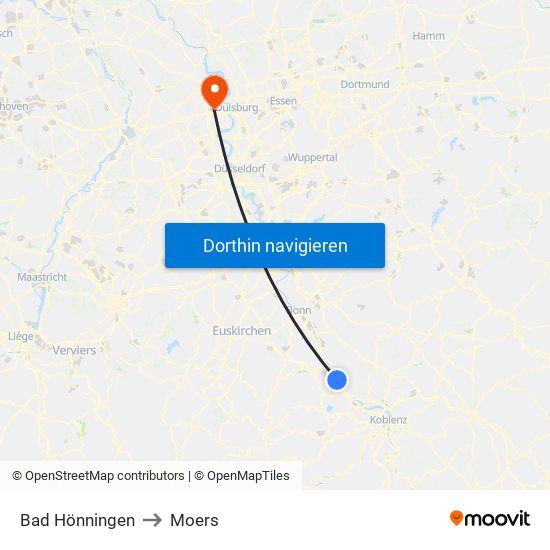 Bad Hönningen to Moers map