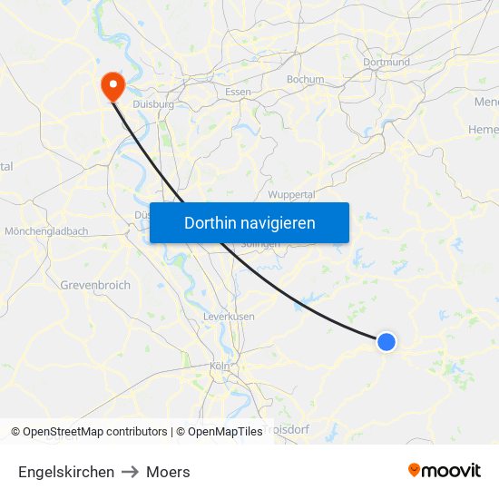 Engelskirchen to Moers map