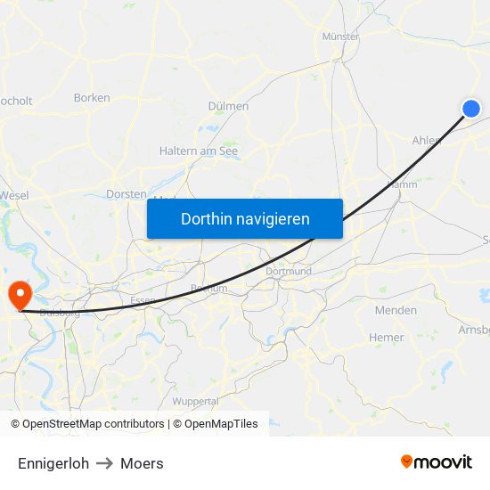 Ennigerloh to Moers map