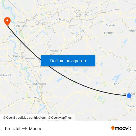 Kreuztal to Moers map