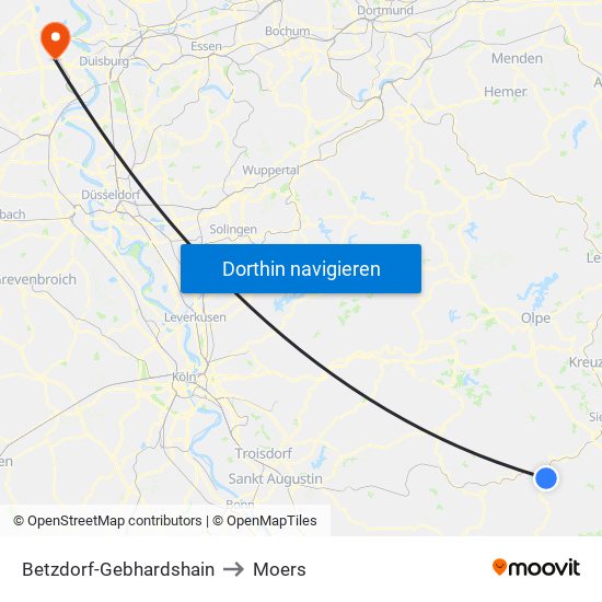 Betzdorf-Gebhardshain to Moers map