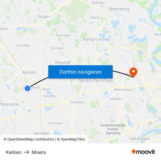 Kerken to Moers map