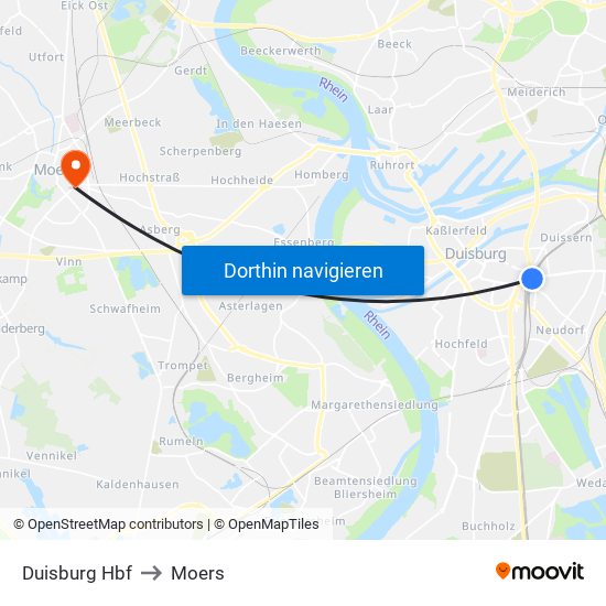 Duisburg Hbf to Moers map