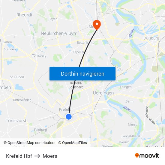 Krefeld Hbf to Moers map