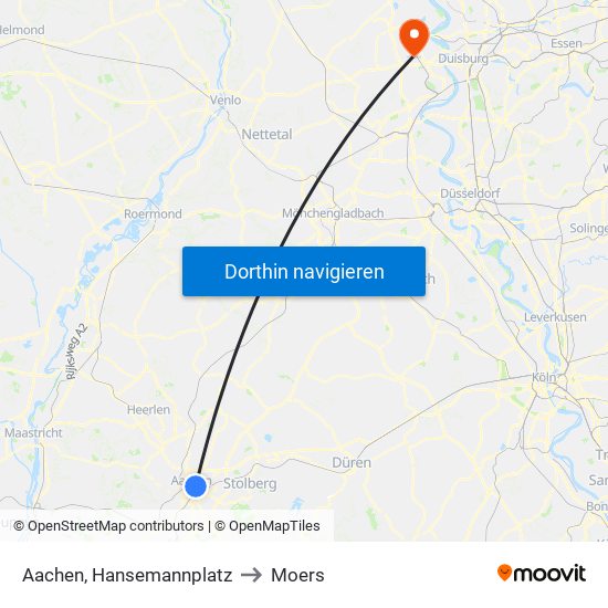 Aachen, Hansemannplatz to Moers map