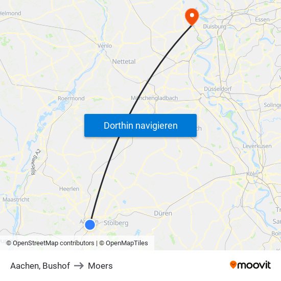 Aachen, Bushof to Moers map