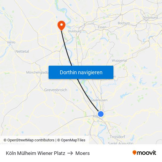 Köln Mülheim Wiener Platz to Moers map