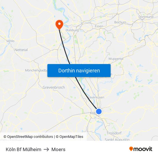 Köln Bf Mülheim to Moers map