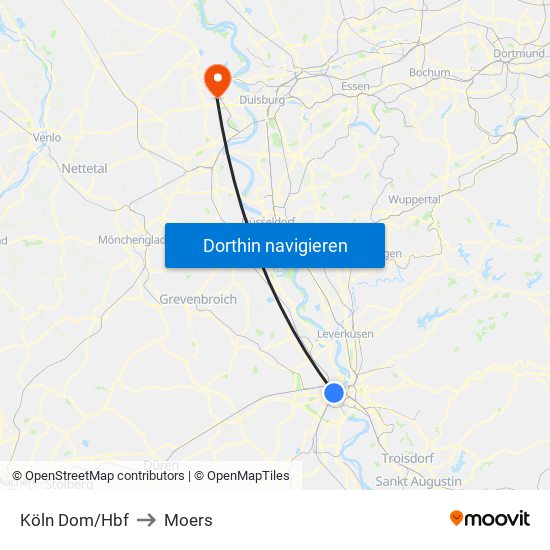 Köln Dom/Hbf to Moers map