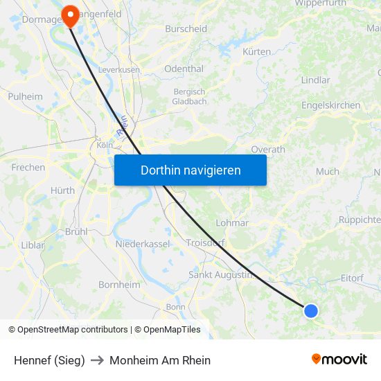 Hennef (Sieg) to Monheim Am Rhein map