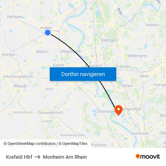 Krefeld Hbf to Monheim Am Rhein map