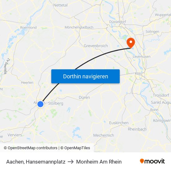 Aachen, Hansemannplatz to Monheim Am Rhein map