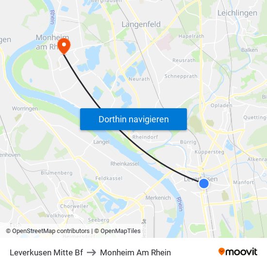 Leverkusen Mitte Bf to Monheim Am Rhein map