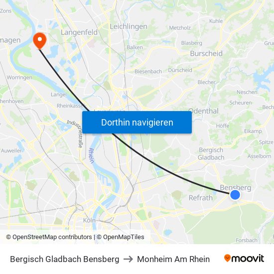 Bergisch Gladbach Bensberg to Monheim Am Rhein map