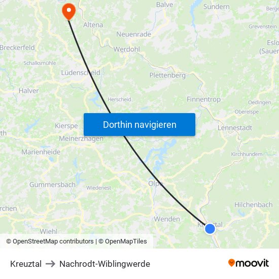 Kreuztal to Nachrodt-Wiblingwerde map
