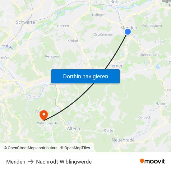 Menden to Nachrodt-Wiblingwerde map