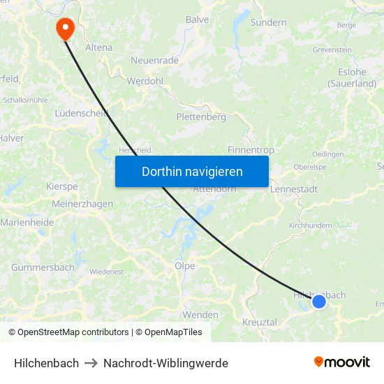 Hilchenbach to Nachrodt-Wiblingwerde map
