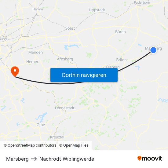 Marsberg to Nachrodt-Wiblingwerde map