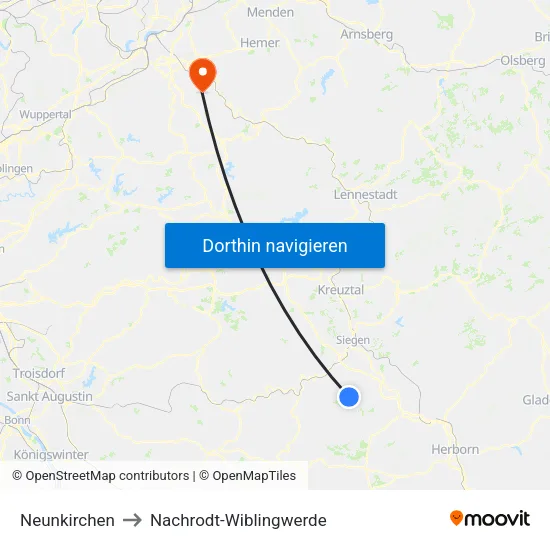 Neunkirchen to Nachrodt-Wiblingwerde map