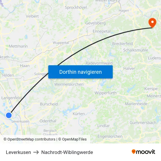 Leverkusen to Nachrodt-Wiblingwerde map