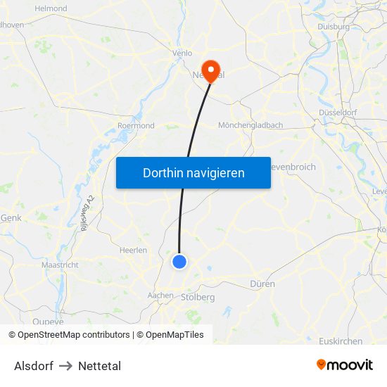 Alsdorf to Nettetal map