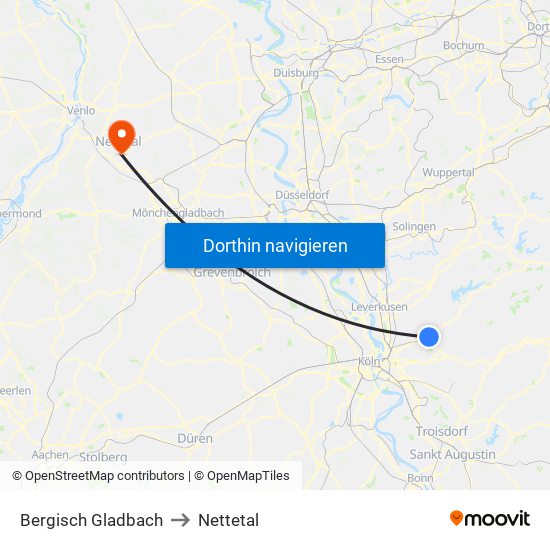 Bergisch Gladbach to Nettetal map